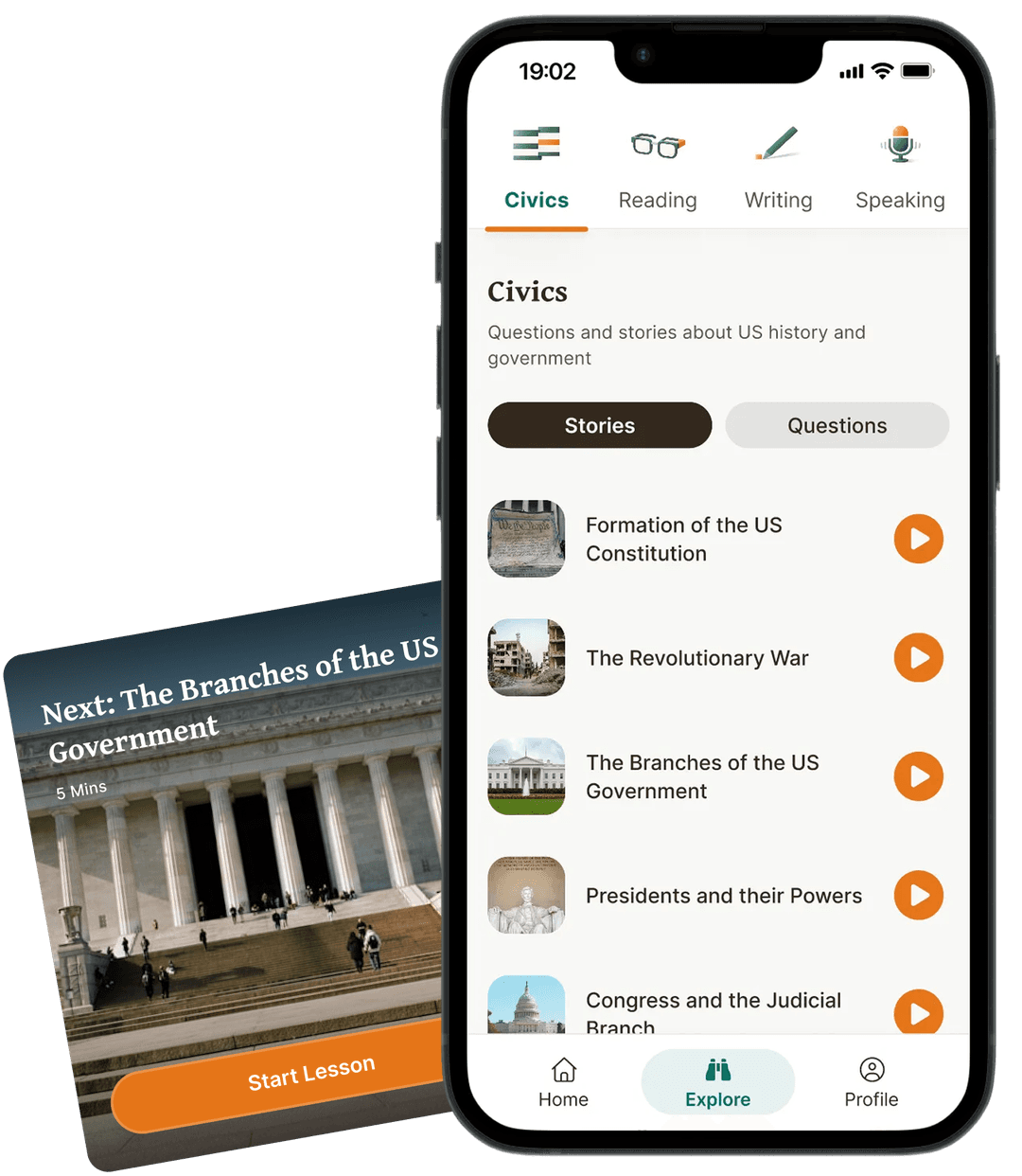 Naturaliz app showing the Civics section with stories and questions